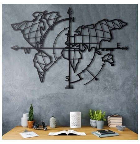 Decorative Metal Wall Accessory Wallxpert World Map Compass - Black